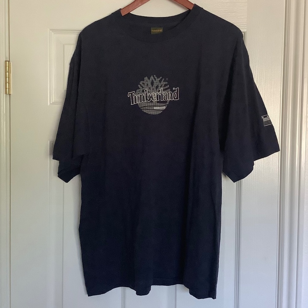 Mens Large - Vintage Timberland Logo T-Shirt Reflective Navy Blue Made In USA